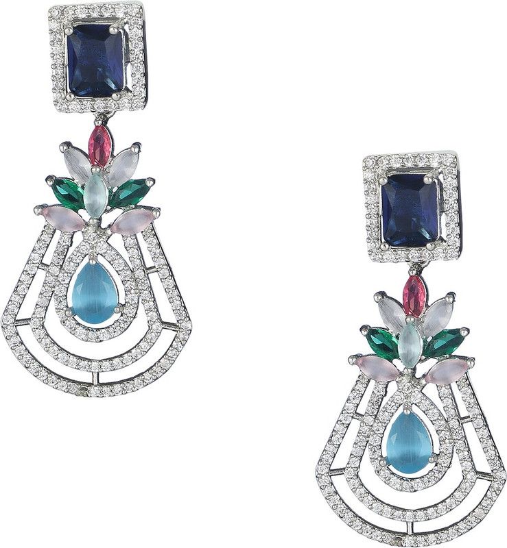 Women Rhodium-Plated Diamond Multi Stone-Studded Earring Brass Stud Earring