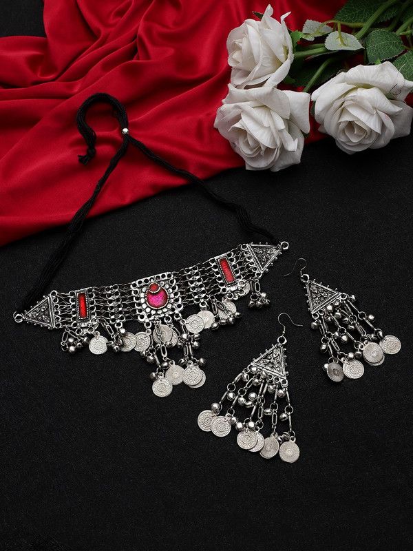 Alloy Silver Silver, Red Jewel Set  (Pack of 1)