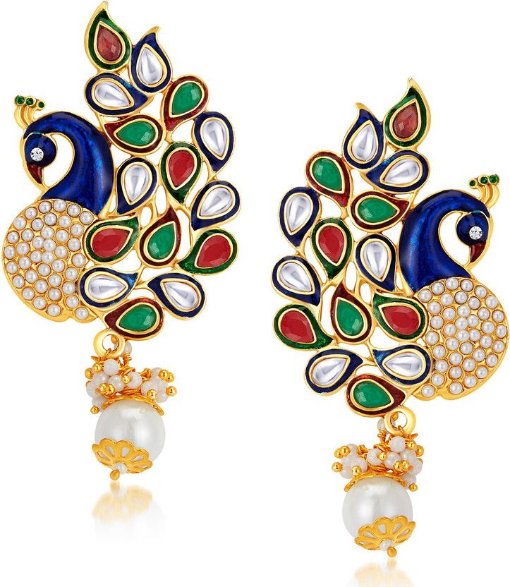 Sukkhi Glorious Pearl Gold Plated Kundan Peacock Meenakari Dangle Earring for Women Alloy Drops & Danglers