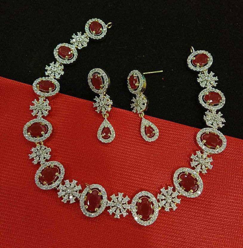 Brass Gold-plated Ruby Red, Silver Jewel Set  (Pack of 1)