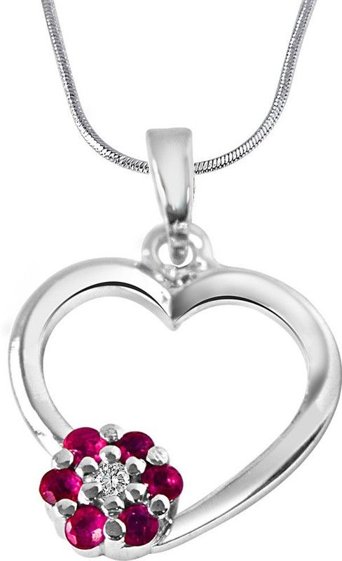 Flower in My Heart Real Diamond, Red Ruby & Sterling Silver Pendant with 18 IN Chain (SDP294) Sterling Silver Diamond, Ruby Sterling Silver Pendant