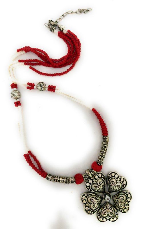 Antique german silver oxidised red white beads long necklace. Crystal Black Silver Plated Metal, Crystal, Plastic Layered