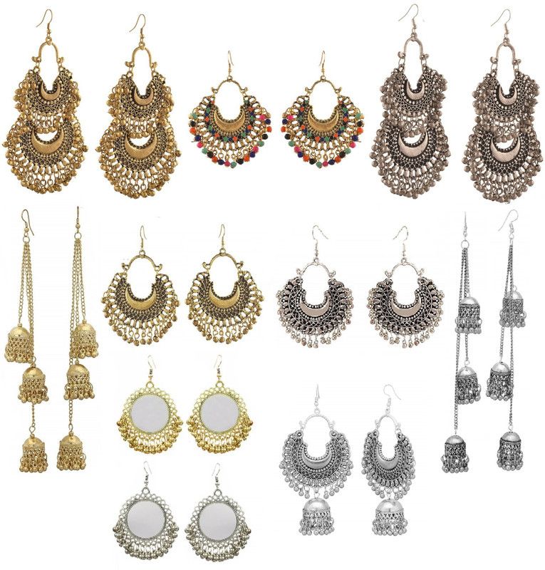 Combo of 10 Afghani Earrings Bohemian Style Party Wear Oxidized Silver Tribal Collection Chandbali and Dangler Earrings German Silver Chandbali Earring