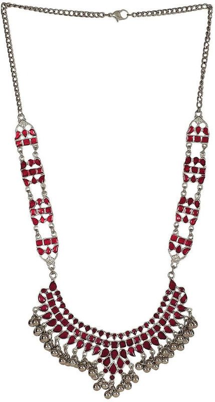 Party Wear Silver Plated Red Stone Multilayered Statement NacklaceGirl & Women Rhodium Plated Alloy Necklace