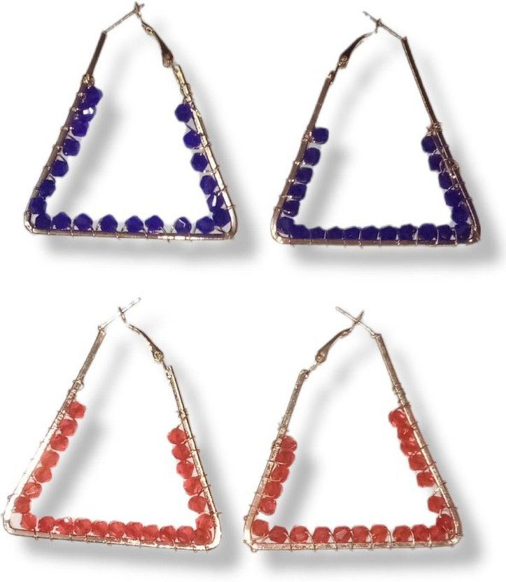 Triangle Shaped Hoop Earrings with Red and Purple Pearls Set of 2 Alloy Hoop Earring