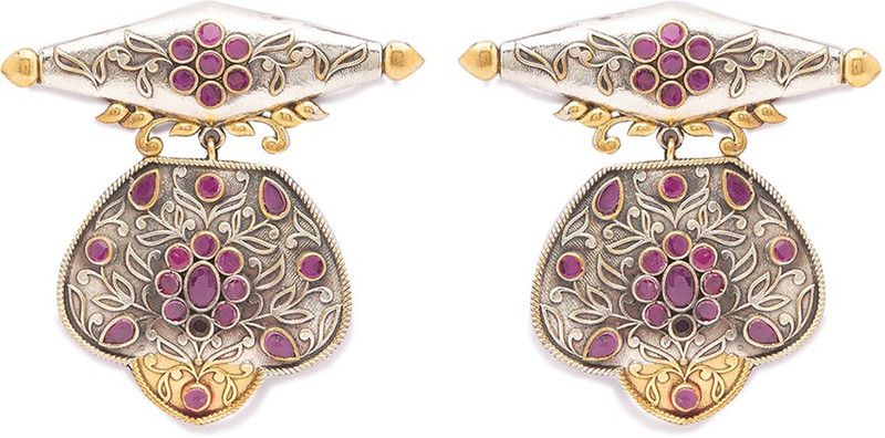 German Oxidized Silver Earrings Tribal Leaf Designs Engraved with Pink Stones Studded Earrings Brass Drops & Danglers