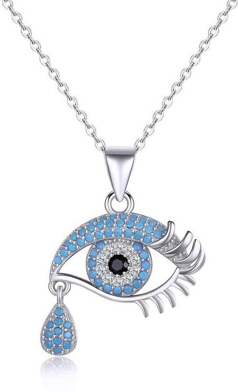 Silver AD Blue Diamond/Nug Evil Eye Lashes With Teardrop Locket Pendant Necklace Silver Stainless Steel Locket Set