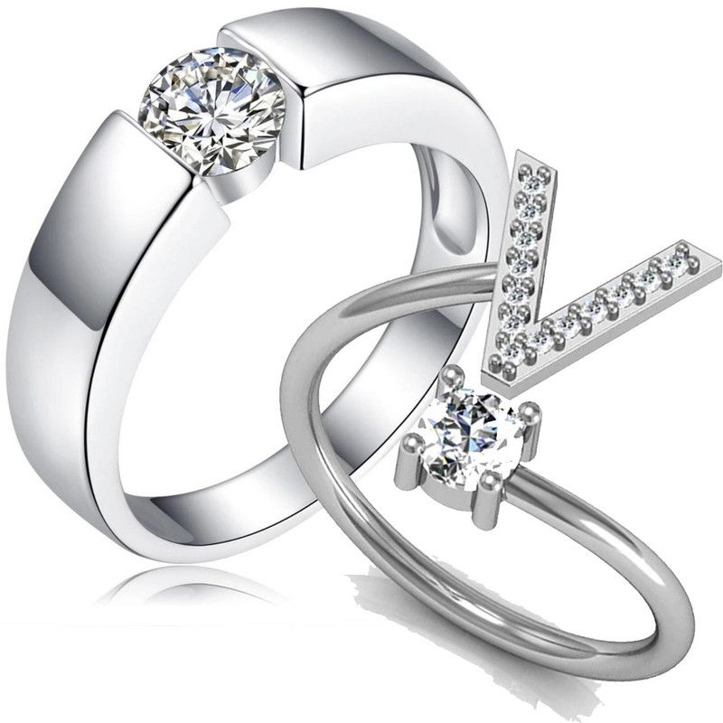 Passion For Love 'V' Letter Silver Plated Couple Ring Stainless Steel Swarovski Crystal Sterling Silver Plated Ring Set