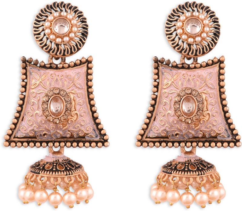 Ethnic Gold Plated Pink Meenakari Kundan Pearl Jhumka Earring for Women Alloy Drops & Danglers