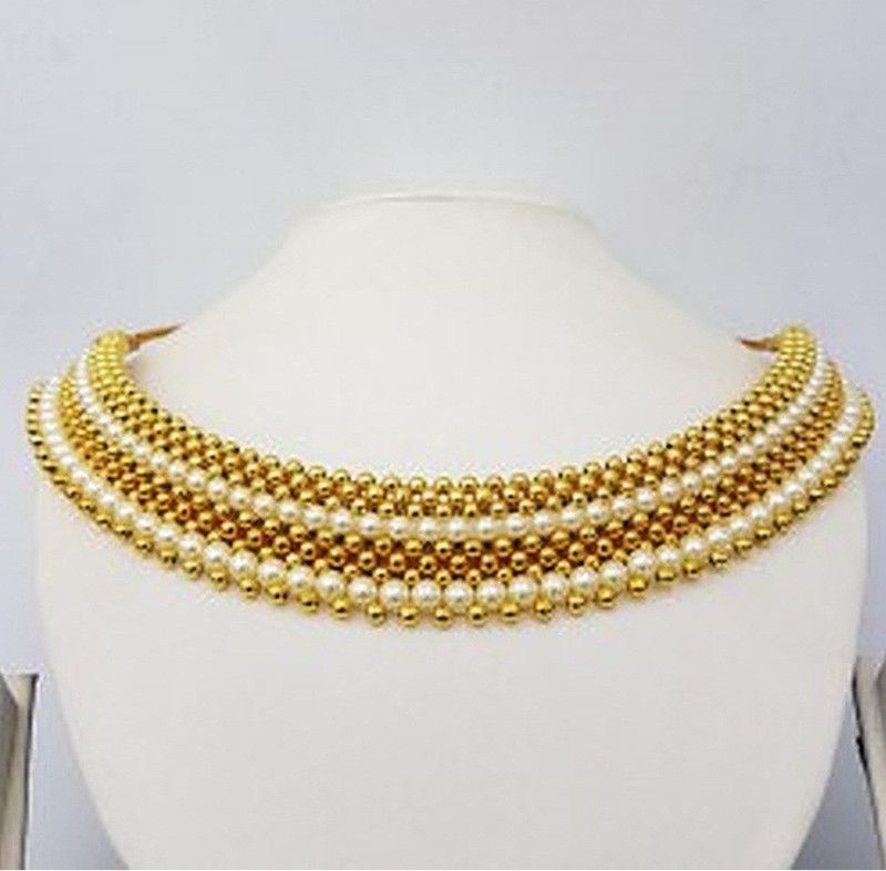 Traditional Wedding Maharashtrian Kolhapuri Thushi ( Choker ) Necklace Set Jewellery for Women and Girls Pearl Gold-plated Plated Copper Necklace