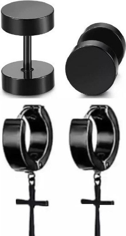 COMBOPACK OF 2PCS DOUMBLE + 2PCS T-CROSS SHAPE EARRING Cubic Zirconia Metal Tunnel Earring