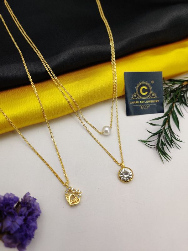 Fancy Heart pendent Chain With 2 Lyear Cubic Diamond Chain... Cubic Zirconia Gold-plated Plated Alloy Chain