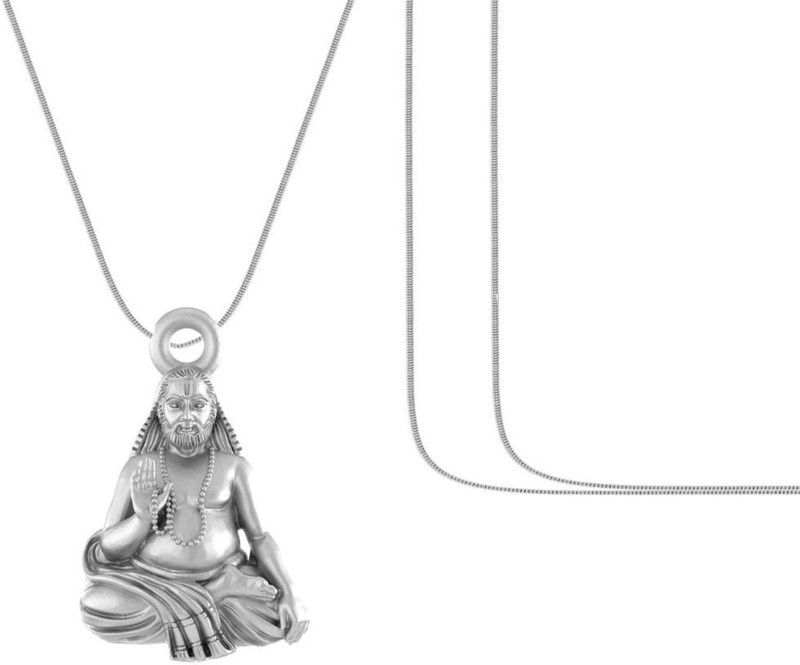 Sterling Silver (92.5% purity) Spiritual Raghavendra Swamy Chain Pendant (Pendant with Snake Chain - 22 inches) for Men & Women Pure Silver religious Raghvendra Swami chain Locket for Good Health & Wealth Sterling Silver Locket Set
