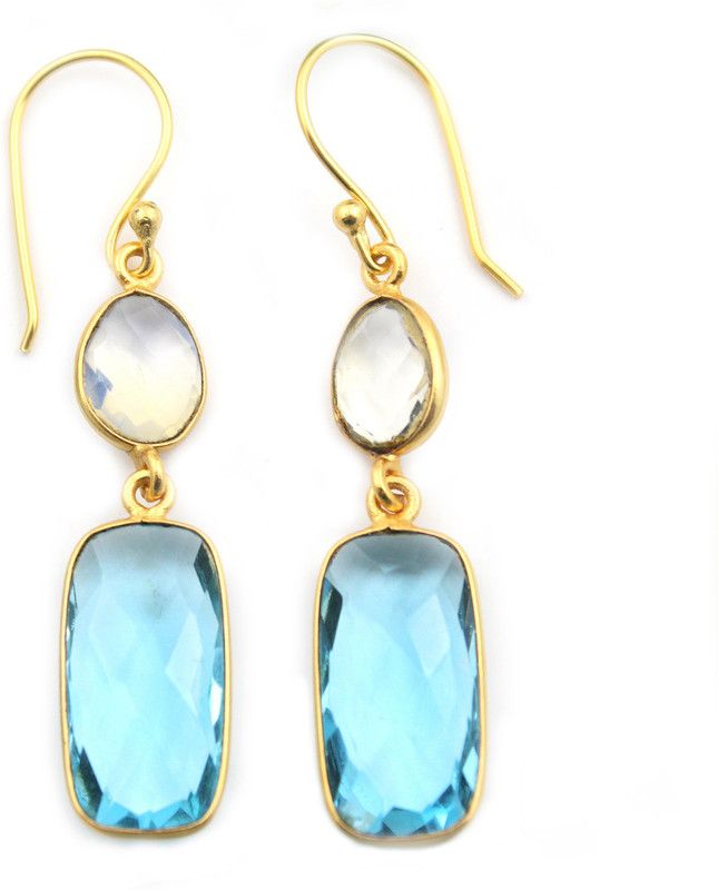 Gorgeous Designer Pear Shape Gold Plated Natural Blue Topaz Opalite Quartz Brass Drops & Danglers