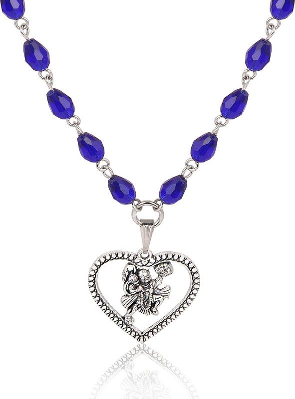 Pawanputra Shri Hanuman ji heart long blue beads religious necklace Silver Stainless Steel Locket