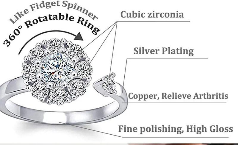 Crystal Studded Adjustable Silver Tone Rotating Round Shaped Finger Ring Alloy, Copper Silver Plated Ring