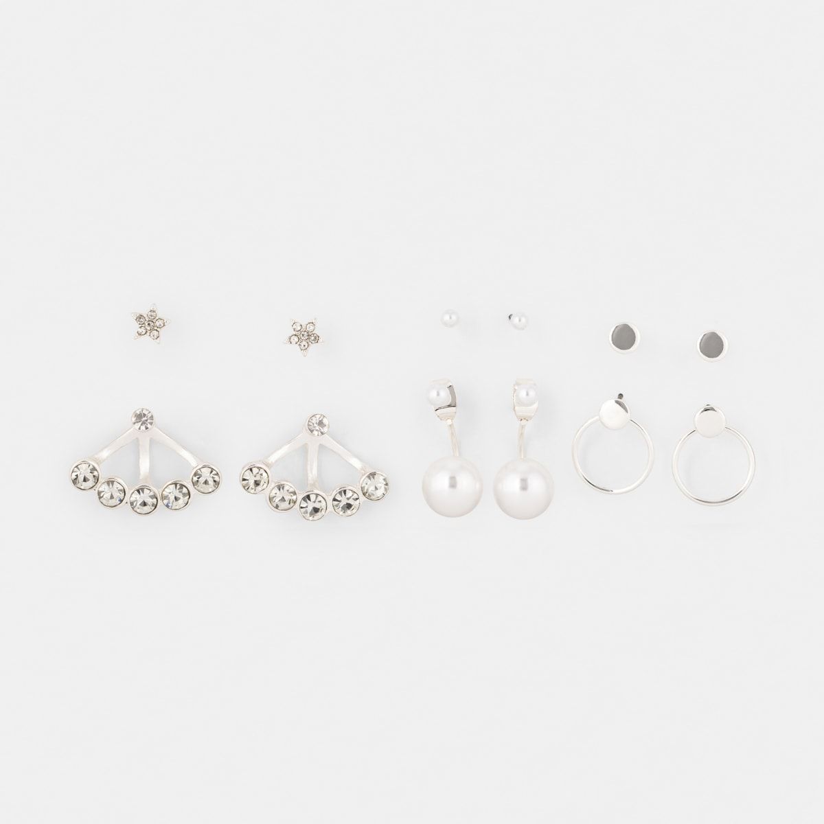 6 Pack Diamante Star Stud Earrings - Silver Look