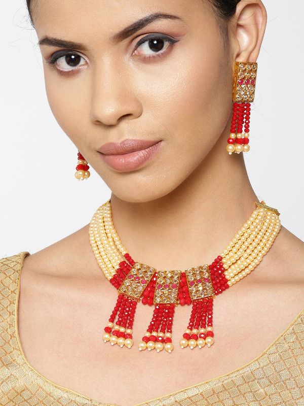 Brass Gold-plated Maroon, Gold, Pink Jewel Set  (Pack of 1)