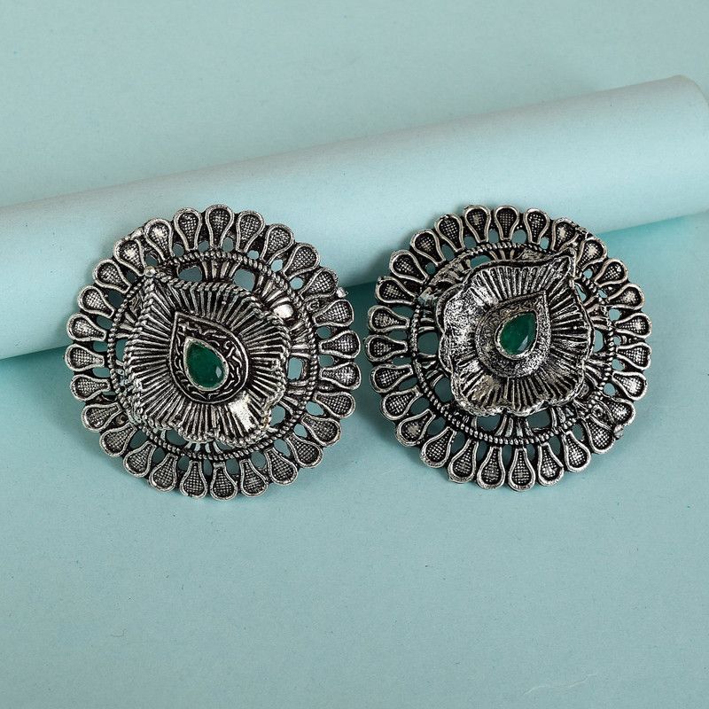 Silver Oxidised round floral Design faux emerald Studed fahion Earrings Brass Stud Earring
