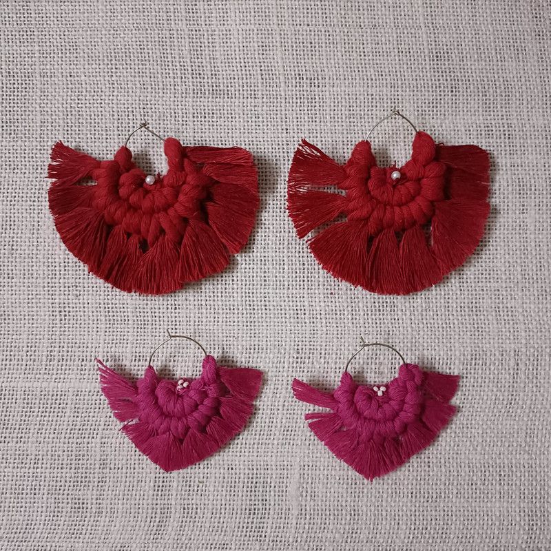 Red & Pink set of earrings Cotton Dori, Metal Hoop Earring, Tassel Earring