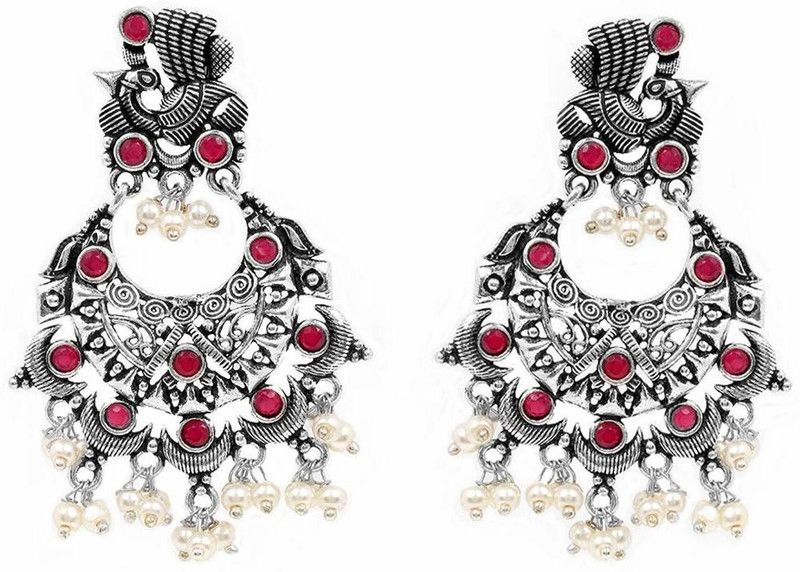German Silver Oxidized Afgani Style Studded Ruby Peacock Designer Dangle Earring for Women And Girls Brass Drops & Danglers