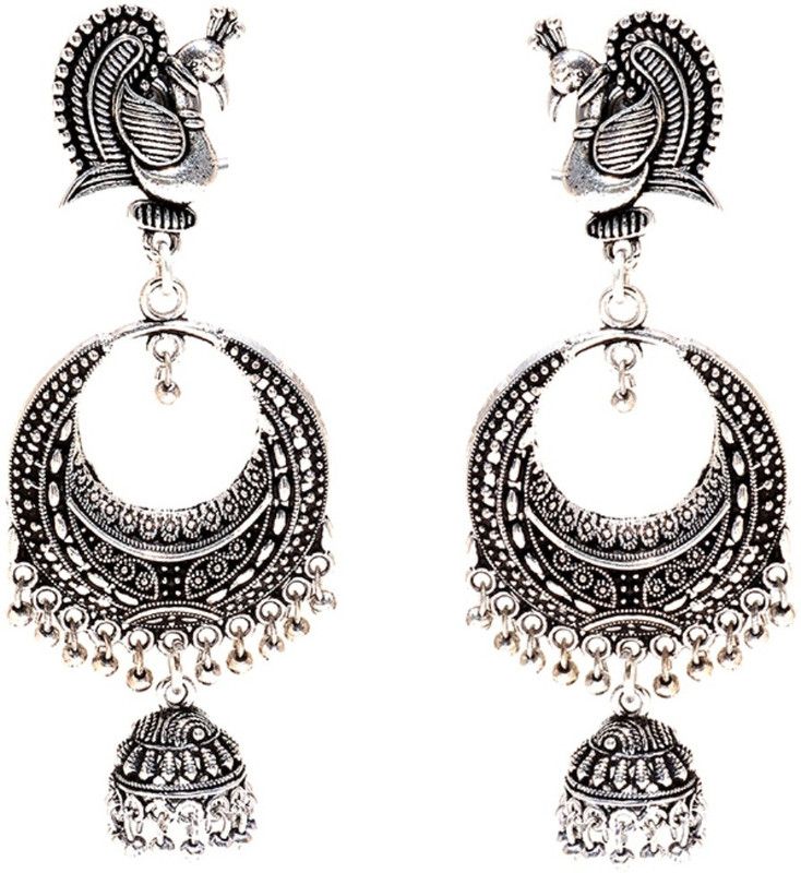 JewarHaat Earrings Oxidized/ Oxidised Silver Plated Peacock Design Jhumki Brass Drops & Danglers