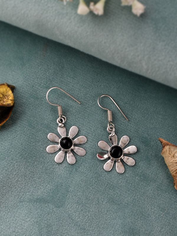 Silver Plated Black Beaded Floral Drop earrings Brass Drops & Danglers