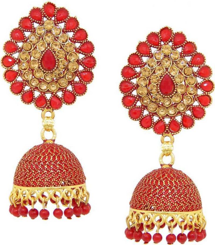 Red Jhumka stylish partywear Golden Bridal wedding earrings for women & girls Alloy Jhumki Earring, Drops & Danglers