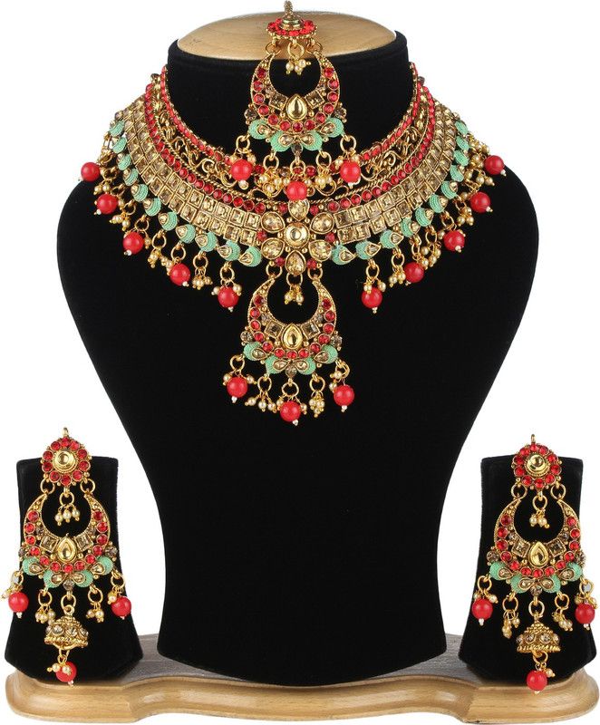 Alloy Gold-plated Turquoise, Red, Gold Jewel Set  (Pack of 1)