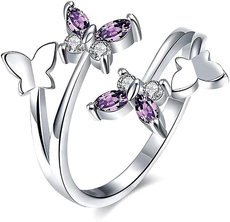 Impression Latest Pattern Stylish Butterfly Crystal Open Ring For Women & Girls Stainless Steel Crystal Silver Plated Ring