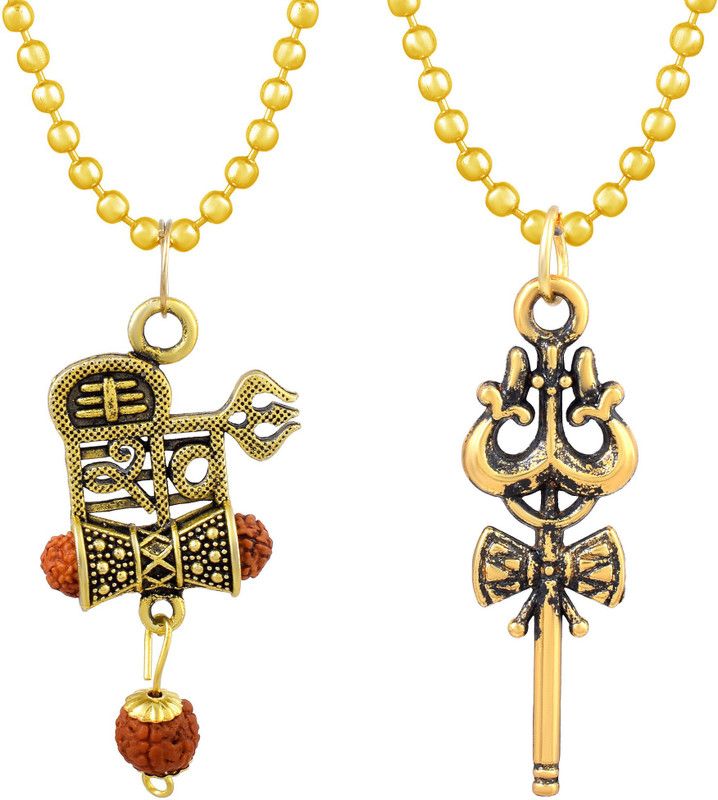 Gold Antique Plated Brass, Lord Bholenath Symbol Trishul and Shiv word in Hindi with Rudraksha, Combo Pendant Locket Necklace For Men and Women Gold-plated Brass Pendant