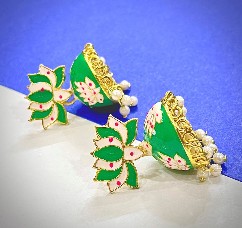 (Small Kamal Jhumki-Green) Fancy Lotus Design Earring For Girls & Women Alloy Jhumki Earring