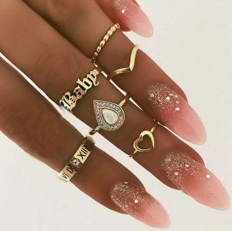 joint ring set, Bohemian letters inlaid with colored gemstones, 6-pcs love ring Metal Knuckle Ring