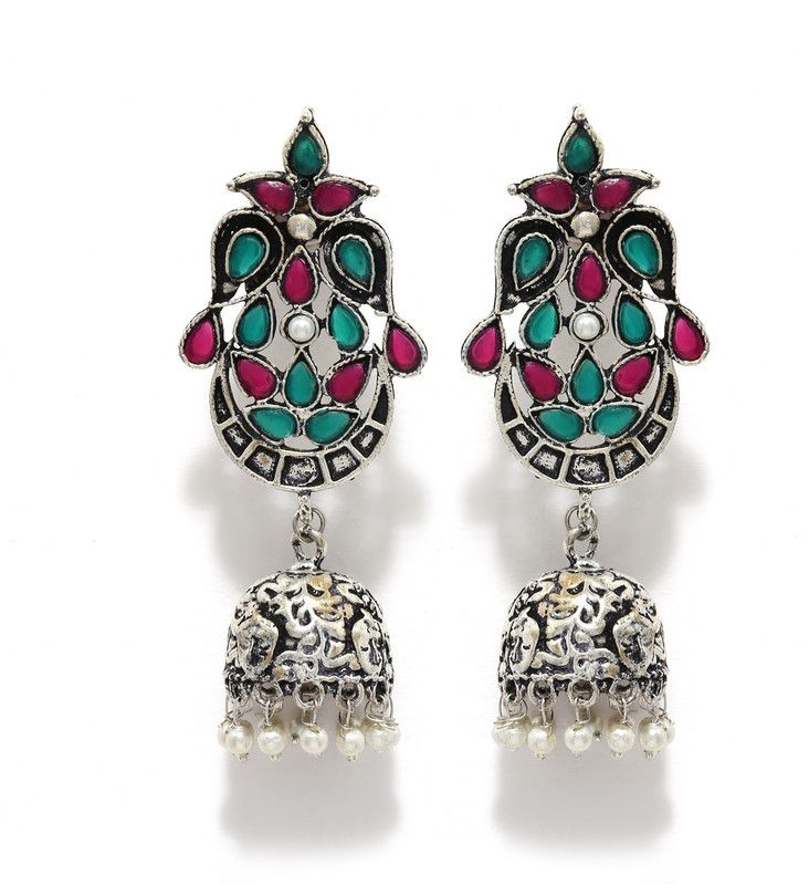 Multicolor stone emblished Stud German silver Jhumka earring German Silver Jhumki Earring