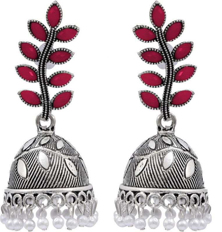Antique Royal maroon Stone Leaf stud oxidized silver Jhumka RAE1440 Alloy Jhumki Earring