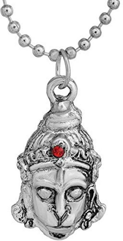 Silver Plated CZ Stud Veer Hanuman Face Hanumanji/ Bajrangbali Locket Pendant Necklace Religious Jewellery for Men/Women Silver Brass Pendant