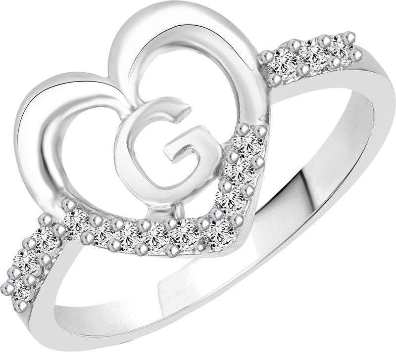 "G" Alphabet Diamond Studded Ring for Women and Girls Brass, Alloy Cubic Zirconia Silver Plated Ring