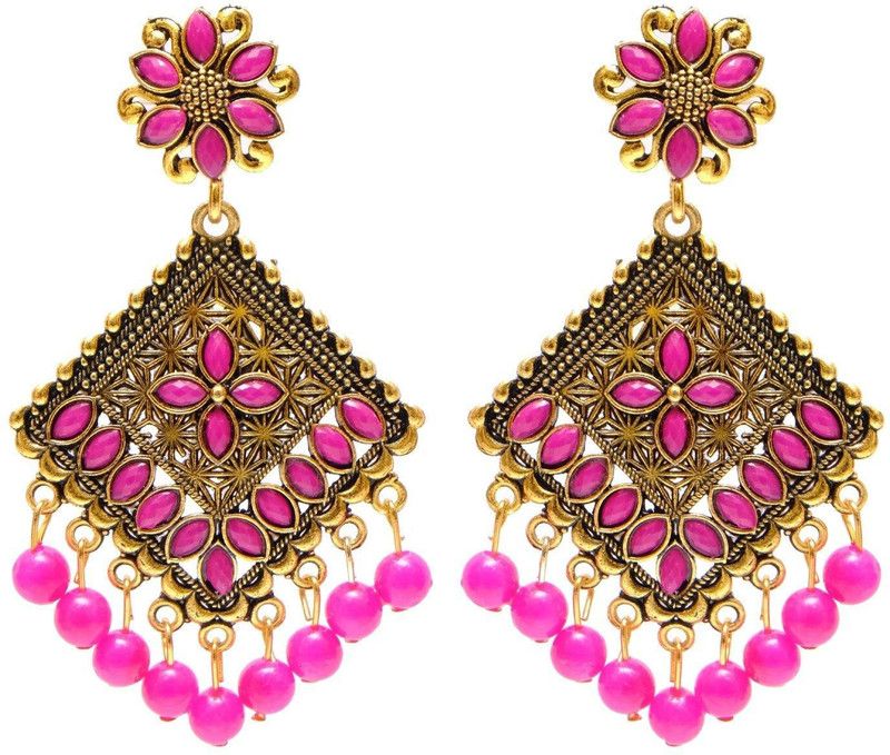 Embellished Gold Plated Square Pink Dangler Earrings Alloy Drops & Danglers