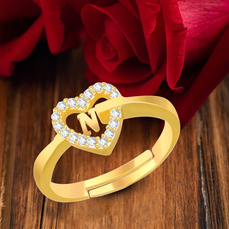 Stylish Jewellery 'N' Letter Heart Women Men Unisex Alphabet Gold plated Ring Brass Cubic Zirconia Gold Plated Ring