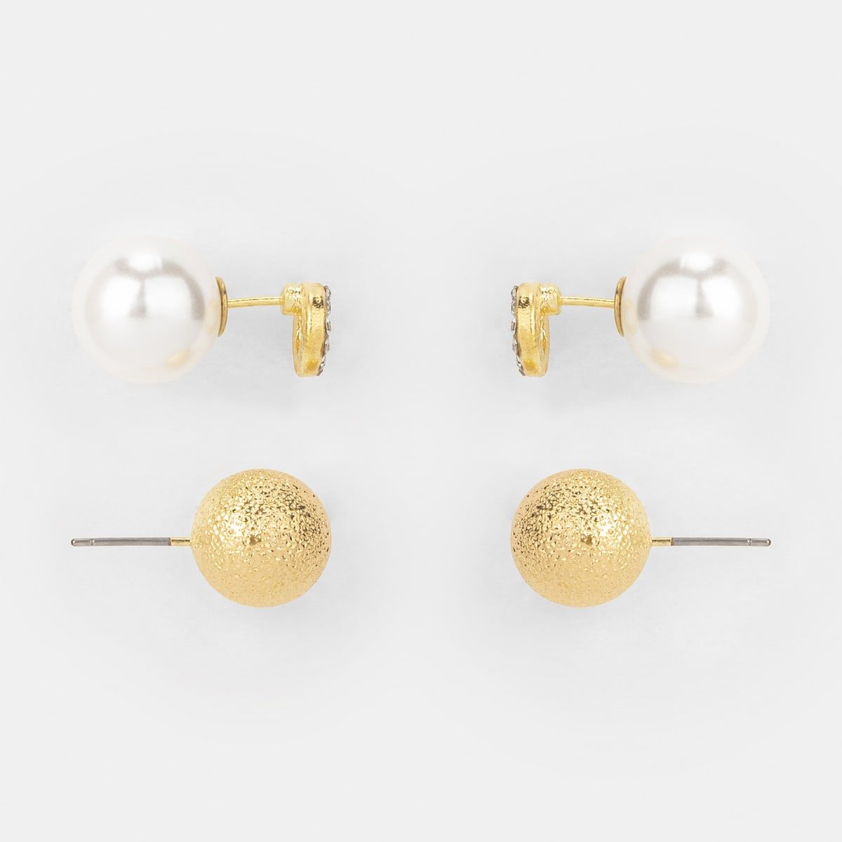 2 Pack Faux Pearl and Beaten Stud Earrings - Gold Look