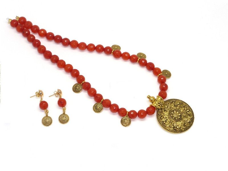 Oxidised Silver, Alloy Red Jewel Set  (Pack of 1)