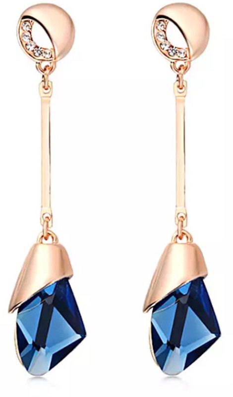 Classic Elegant Long Earrings For Women Fashion Geometric Navy Blue Crystal Gold Colour Water Drop Earrings Jewelry Copper Stud Earring