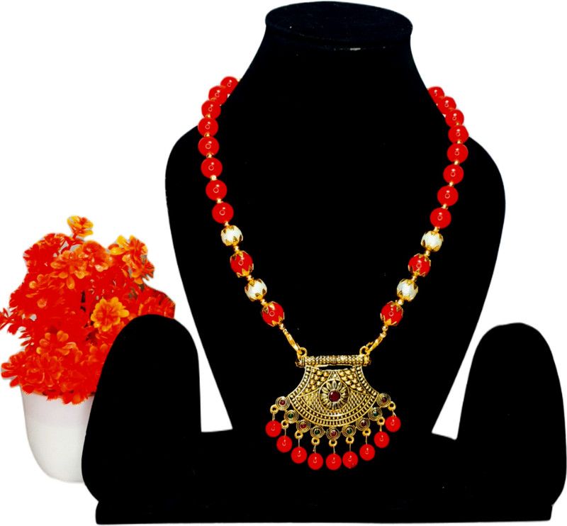 Beautiful Red beaded necklace, Antique gold pendant red Pearl necklace set Beads, Pearl Gold-plated Plated Copper Necklace