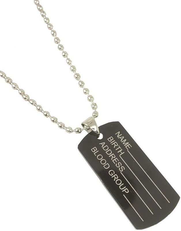 Unisex Metal Fancy & Stylish Solid Army Military Theme Dog Tag Name Blood Group Address Birth Laser Engraved Sterling Blade Pendant Locket Necklace With Ball Chain Jewellery Set Black Silver Metal Pendant Set