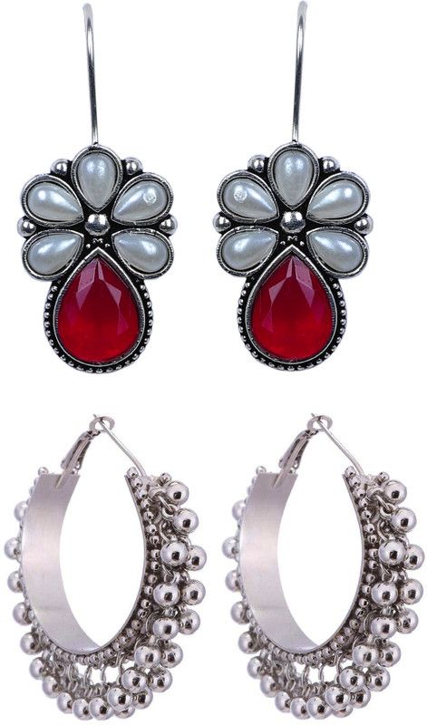 Combo Of 2 AD Pink Pearl Diamond Fish Hook Boho Afghan & Ghungru Bali Earrings Brass Chandbali Earring