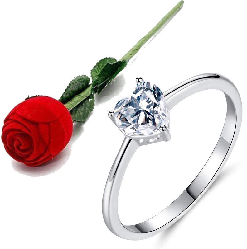 Propose Day Valentine Girls Adjustable Ring With Red Rose Box Stainless Steel Swarovski Zirconia Sterling Silver Plated Ring