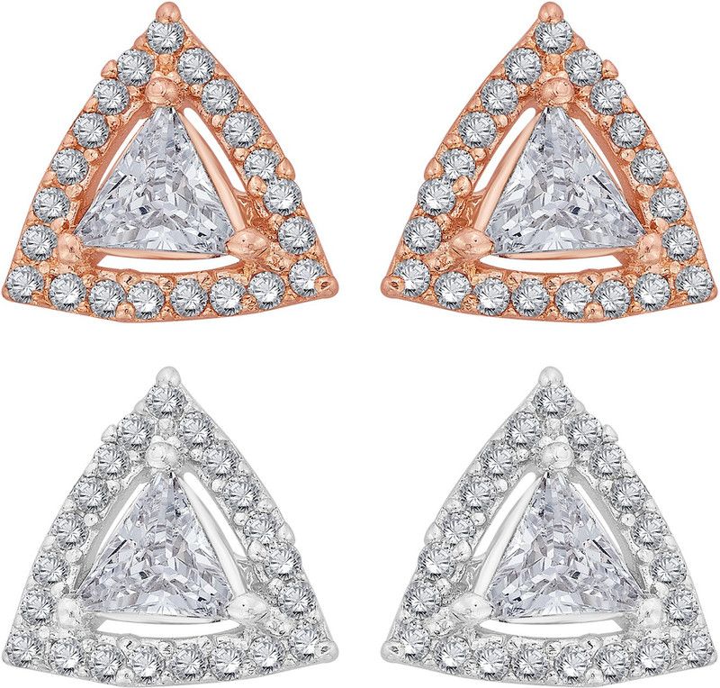 Solitaire American Diamond CZ Combo Set of 2 Tringle Design Stud Earrings Women Cubic Zirconia Alloy Earring Set