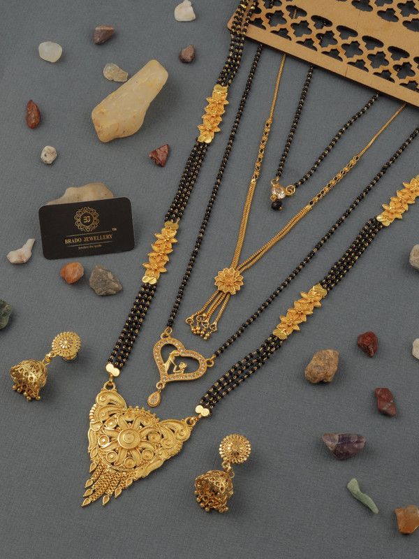 Brass Gold-plated Gold, Black Jewel Set  (Pack of 4)
