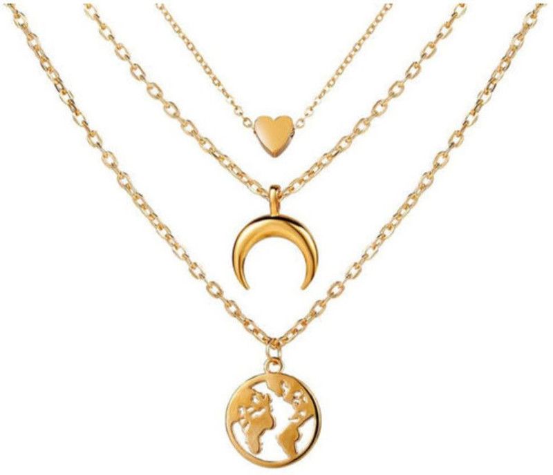 Triple Layered Heart Moon and Earth Pendant Necklace Gold-plated Plated Alloy Layered