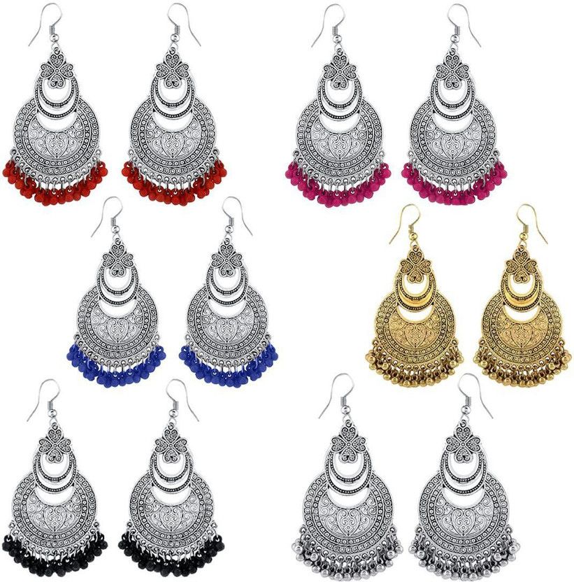 Combo of 6 Pairs Ethnic German Silver Oxidised Floral Design Beads Chandbali Earrings Beads Brass Chandbali Earring